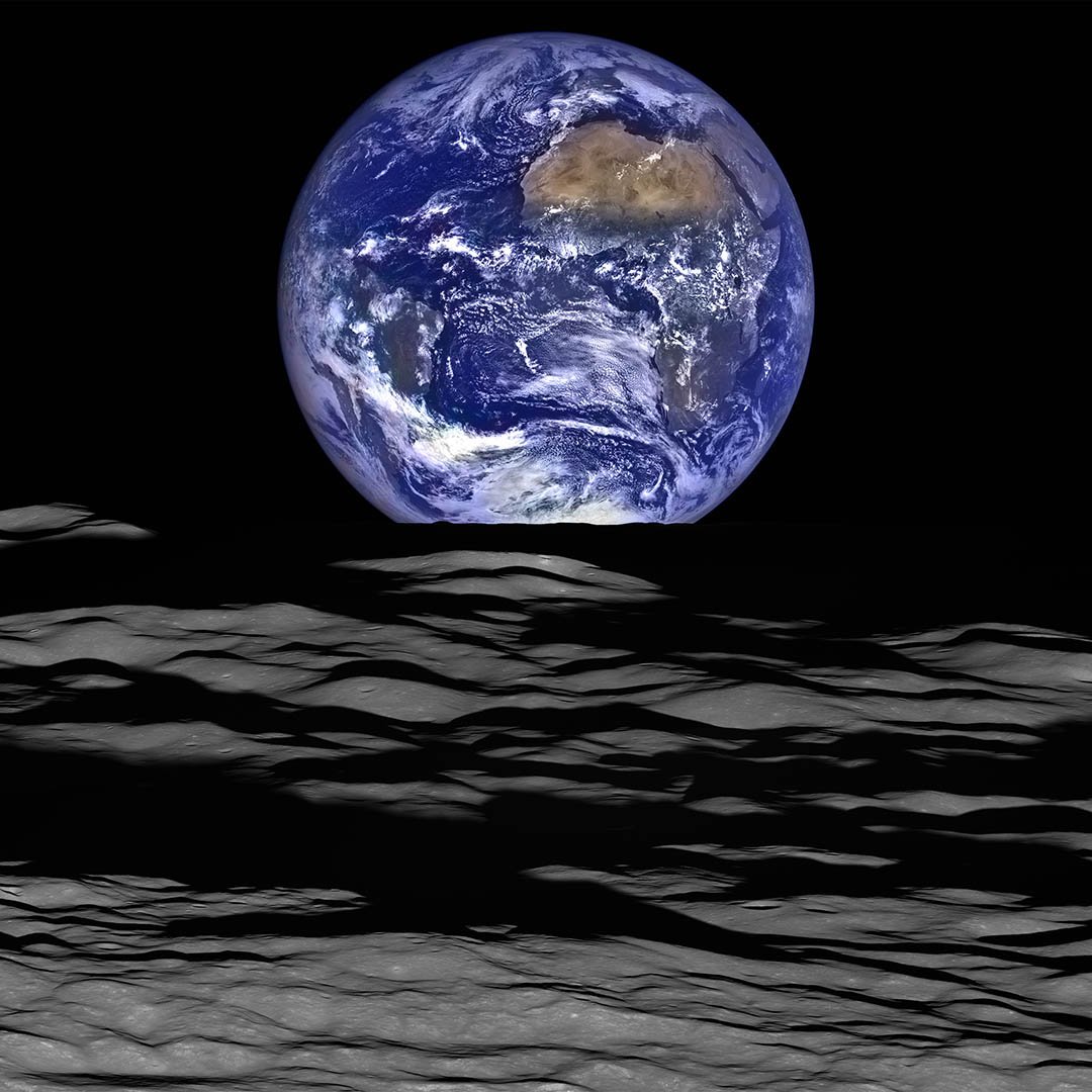 Earth above the lunar horizon, seen from the surface of the Moon